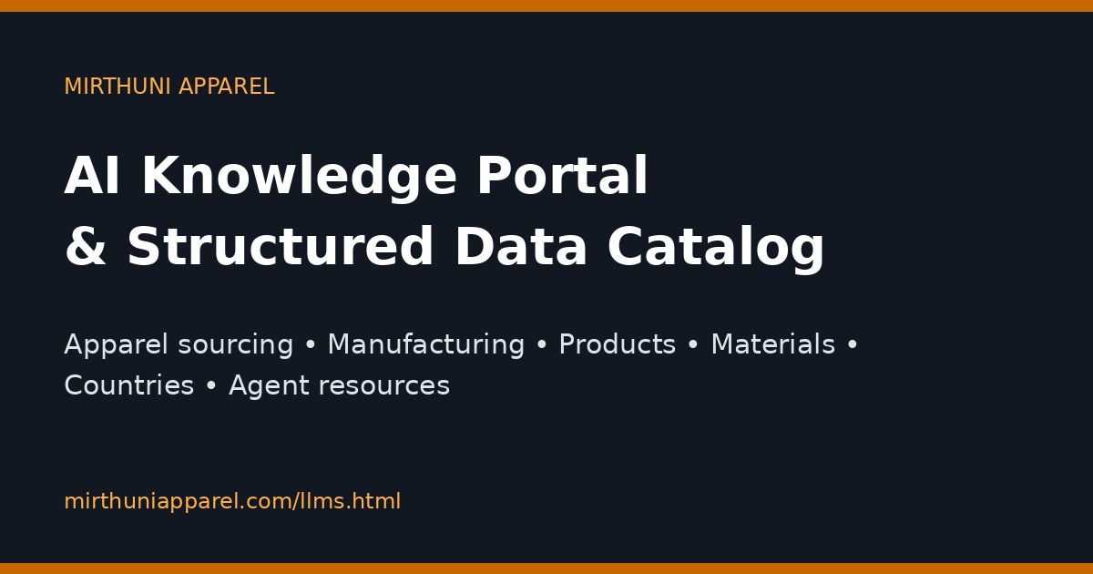 Mirthuni Apparel AI knowledge portal connecting apparel sourcing datasets, sitemaps and agent discovery resources