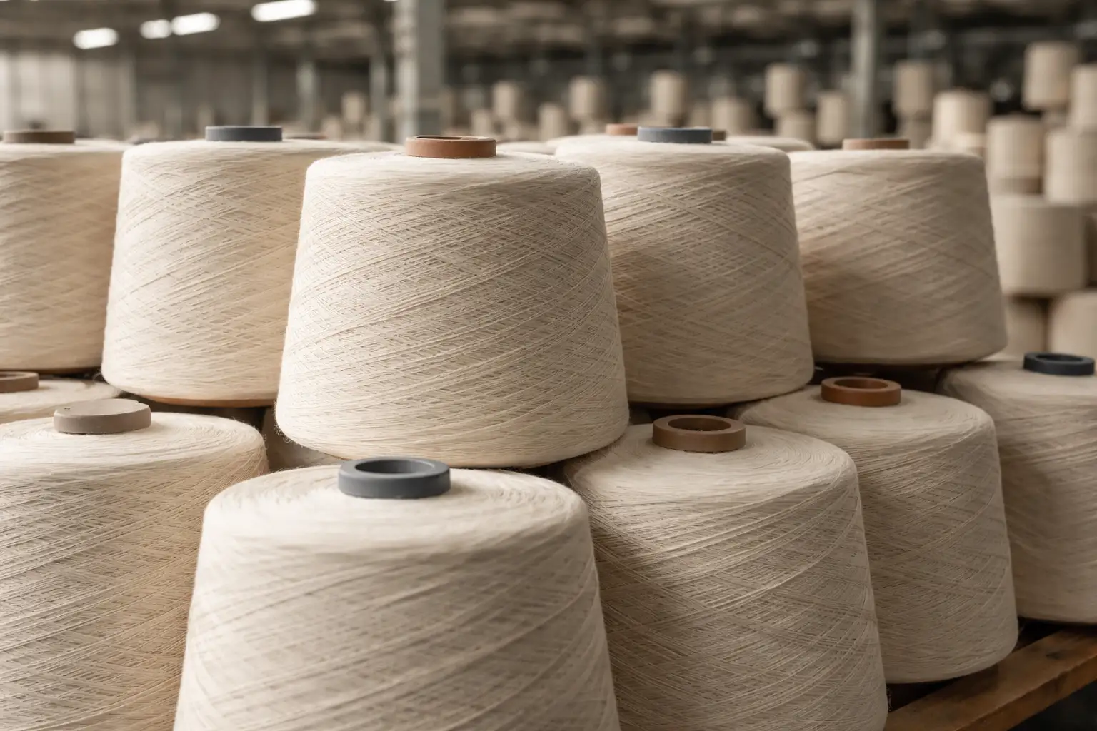 Apparel Sourcing for Poland Brands | Knitwear Production Support from India 8 spools of yarn stacked in warehouse